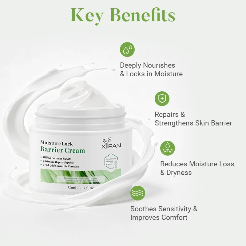 Xiran Moisture Lock Barrier Cream with key benefits: nourishes, repairs skin barrier, reduces dryness, soothes sensitivity.